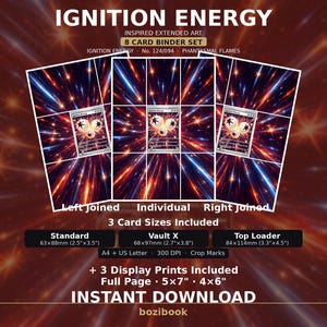 Könnte beinhalten: Ein Ignition Energy 8-Karten-Binder-Set mit erweitertem Design auf einem Hintergrund aus roten und blauen Lichtstreifen. Enthält drei Kartengrößen: Standard 63x88mm, Vault X 68x97mm und Toploader 84x114mm sowie 13x18cm und 10x15cm Display-Drucke.