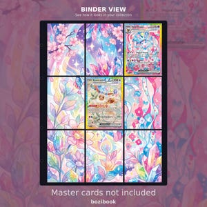 May include: A nine-pocket trading card binder page featuring a pastel-colored floral and crystal illustration. Two Pokémon trading cards, Sylveon EX and Eevee GX, are inserted into the slots. The page has a black border and punched holes.