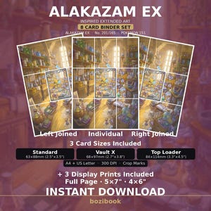 以下が含まれることがあります： Alakazam EXの拡張アート8枚カードバインダーセット。左結合、個別、右結合の3つのレイアウトオプションが含まれています。標準、Vault X、トップローダーサイズに加え、12.7x17.8cmおよび10.2x15.2cmのディスプレイプリント3枚が含まれています。