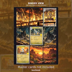 May include: A black plastic trading card binder page with nine slots, featuring three Pokémon cards: Kommo-o, Hakamo-o, and Jangmo-o. The background displays a continuous panoramic landscape illustration of a city at night, mountains, and a sunset.