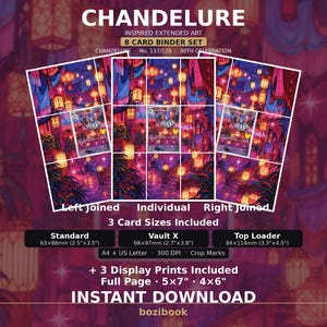 Può includere: Un set di 8 carte per raccoglitore ispirato a Chandelure con una scena illuminata da lanterne viola e arancioni. Include formati standard 63x88mm, Vault X 68x97mm, top loader 84x114mm, più stampe da esposizione 5x7 e 4x6 pollici da scaricare.