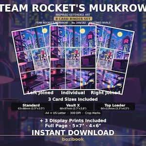 Könnte beinhalten: Ein digitaler Download-Satz mit Team Rocket's Murkrow erweiterter Kunst für 8 Karten. Enthält Standard 63x88mm, Vault X 68x97mm und Top Loader 84x114mm Größen sowie 5x7 und 4x6 Zoll Display-Drucke mit Schnittmarken bei 300 DPI für A4 und US Letter.