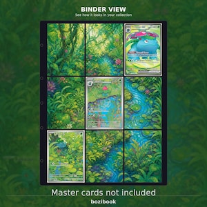 Pode incluir: Uma página de fichário de plástico preto para cartas colecionáveis com nove compartimentos, exibindo uma ilustração panorâmica de floresta com cartas Venusaur, Ivysaur e Bulbasaur. O texto BINDER VIEW e Master cards not included é visível.