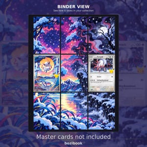 May include: A black trading card binder page featuring a nine-pocket grid display. The pockets contain a continuous, vibrant winter landscape illustration with snowy mountains, a lake, and a starry sky. Two Pokémon cards are inserted in the middle row.