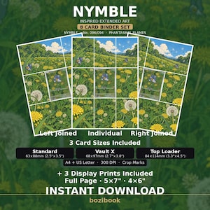Può includere: Un set di 8 carte per raccoglitore ispirato a Nymble con un campo di denti di leone e farfalle. Include tre dimensioni di carte: Standard 63x88mm, Vault X 68x97mm, Top Loader 84x114mm, più stampe in A4, US Letter, 12.7x17.8cm e 10.2x15.2cm.