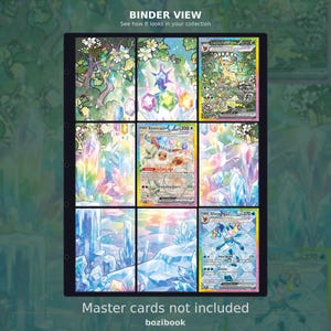 Könnte beinhalten: Eine Sammelkarten-Binderseite mit neun Fächern und einem dekorativen Hintergrunddesign aus Kristallen und Blumen. Drei Pokémon-Karten sind in die Fächer eingelegt, während die restlichen sechs Fächer das passende Hintergrundmotiv zeigen. Text BINDER VIEW.
