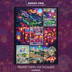 Può includere: Una pagina di raccoglitore in plastica nera per carte collezionabili con nove tasche contenenti carte illustrate colorate. Il testo in alto recita BINDER VIEW e in basso Master cards not included e bozibook. Le carte mostrano vivaci scene fantasy.
