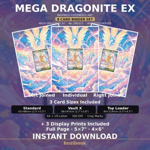 May include: A digital Mega Dragonite EX 8 card binder set featuring extended art with a pastel sky and cloud background. Includes three card sizes: standard 63x88mm, Vault X 68x97mm, and top loader 84x114mm, plus 13x18cm and 10x15cm display prints.