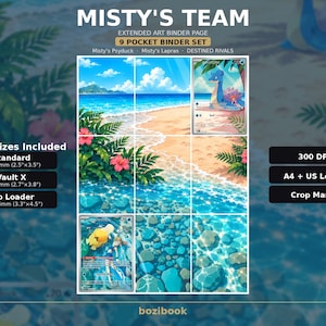 Könnte beinhalten: Misty's Team Extended Art Binder-Seite, 9-Taschen-Set mit Strandszene, Psyduck und Lapras. Enthält 3 Kartengrößen: Standard 63x88mm, Vault X 68x97mm, Top Loader 84x114mm. Bietet 300 DPI, A4 und US Letter Format sowie Schnittmarken.