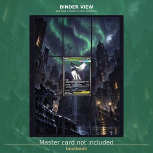 Pode incluir: Uma página de fichário preta de nove bolsos para cartas colecionáveis com uma cena urbana escura contínua e uma aurora boreal verde no céu. Uma carta Mega Absol EX está colocada no bolso central. Texto BINDER VIEW e Master card not included.