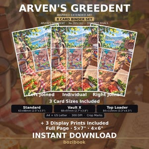 May include: A digital set of Arven's Greedent extended art cards featuring a picnic scene with a character and a Greedent. Includes 3 card sizes: Standard 2.5"x3.5", Vault X 2.7"x3.8", and Top Loader 3.3"x4.5", plus 3 display prints in 5"x7" and 4"x6".