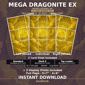 May include: A digital Mega Dragonite EX 8 card binder set featuring extended art with gold cloud motifs. Includes standard, Vault X, and top loader sizes with crop marks. Also includes three display prints in 12.7x17.8cm and 10.2x15.2cm formats.