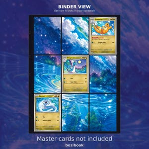 May include: A black plastic trading card binder page with nine slots, featuring three Pokémon cards: Dragonite, Dragonair, and Dratini. The remaining six slots display a continuous blue sky and water landscape. Text reads BINDER VIEW and Master cards not included.