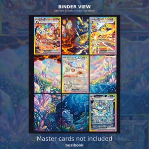 May include: A black plastic trading card binder page with nine slots containing various colorful illustrated cards. The top text reads BINDER VIEW and the bottom text states Master cards not included and bozibook. The cards feature fantasy creatures and crystal landscapes in vibrant shades of blue, orange, and pink.