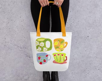 Tote Bag with Coffee Cups Print | Daily Carry All, Woman's Accessory