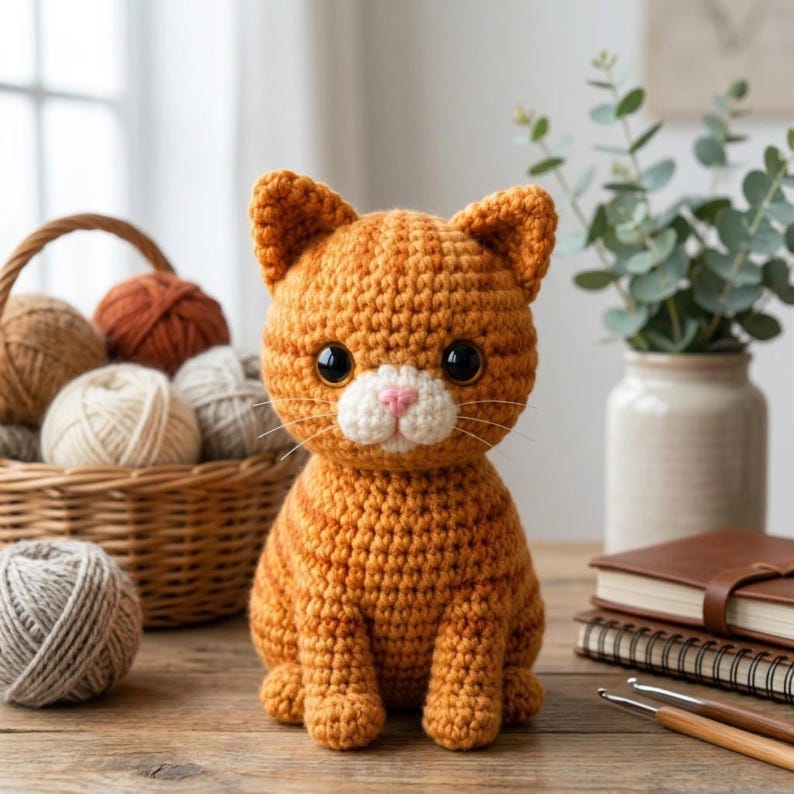 Op de afbeelding: Een handgemaakte oranje cyperse kat gemaakt van gehaakt garen met een witte snuit, een kleine roze neus en grote zwarte plastic ogen. De kat heeft puntige oren en een getextureerd oppervlak en zit rechtop met de voorpoten bij elkaar.