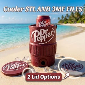 May include: A maroon cylindrical beverage cooler featuring the Dr Pepper logo, holding a matching soda can. The set includes two circular lids, one maroon and one grey, both with the Dr Pepper logo. Text reads Cooler STL AND 3MF FILES and 2 Lid Options.