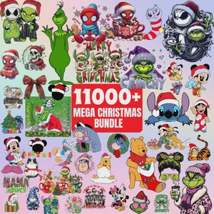 Peut inclure: Une collection numérique de plus de 11000 illustrations graphiques sur le thème de Noël, représentant divers personnages de dessins animés portant des bonnets de Père Noël, dont Grinch, Stitch, Winnie l'ourson, Mickey et Spider-Man.