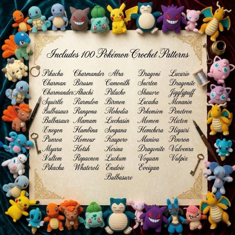 May include: A collection of small, colorful crocheted figures arranged around a central parchment-style document. The document features the text Includes 100 Pok&eacute;mon Crochet Patterns followed by a list of names in a cursive font, with two pens.
