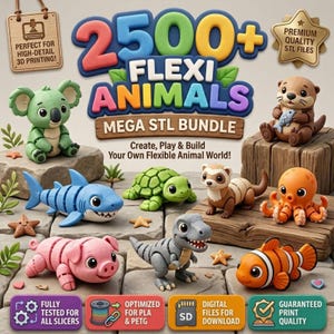 Może przedstawiać: Cyfrowy pakiet ponad 2500 plików STL Flexi Animals zawierający figurki drukowane w 3D, takie jak koala, rekin, żółw, fretka, ośmiornica, świnia, dinozaur i błazenek, wraz z etykietami tekstowymi dotyczącymi plików cyfrowych.