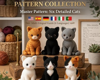 6 Sitting Cat Crochet Patterns PDF, Amigurumi Bundle, Beginner Friendly (6 Languages)