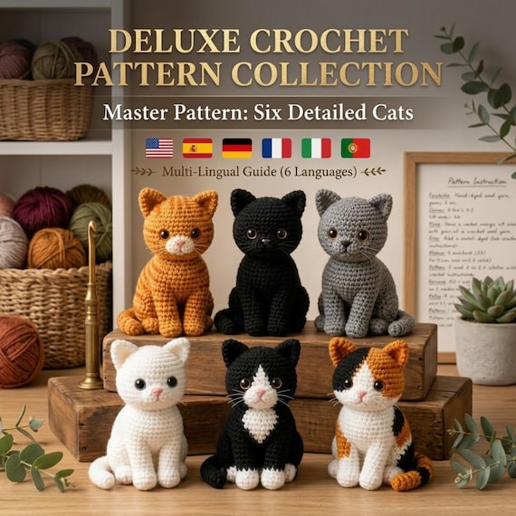6 Sitting Cat Crochet Patterns PDF, Amigurumi Bundle, Beginner Friendly (6 Languages)