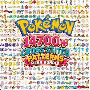 以下が含まれることがあります： 青と黄色の大きなポケモンロゴ、14700+ CROSS STITCH PATTERNS MEGA BUNDLEと書かれたピンクと青のテキスト、そして多数の小さなカラフルなキャラクターイラストが特徴の、14700種類以上のポケモンクロスステッチパターンのデジタルコレクション。