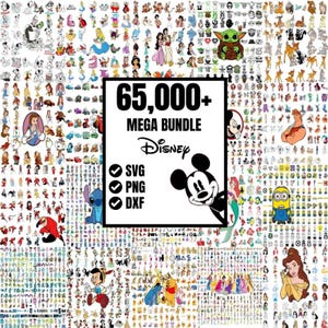 May include: A digital collection of 65,000+ Disney character graphics in a mega bundle. The central white box features the text 65,000+ MEGA BUNDLE Disney, with checkmarks next to SVG, PNG, and DXF, and a black silhouette of Mickey Mouse.