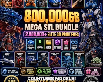 Op de afbeelding: Een digitale advertentie voor een 800.000 GB mega STL-bundel met meer dan 2.000.000 elite 3D-printbestanden. De afbeelding toont diverse categorieën 3D-modellen, waaronder draken, anime-personages, voertuigen en fantasie-miniaturen met neonranden.