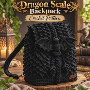 May include: A black crochet backpack featuring a textured dragon scale pattern and a central bat-shaped embellishment. The text Dragon Scale Backpack Crochet Pattern is displayed above the bag, which has a braided drawstring and strap.