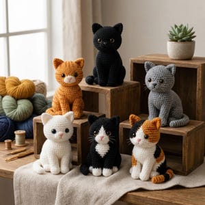 Op de afbeelding: Zes gehaakte kattenbeeldjes in verschillende kleuren, waaronder zwart, oranje, grijs, wit, zwart-wit en lapjeskat. Elke kat heeft donkere ogen, geborduurde neuzen en snorharen. De katten zijn gerangschikt op houten blokken.