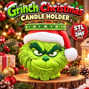 May include: A green Grinch-themed candle holder featuring a textured face with a smirk, wearing a red and white Santa hat. The top band is green with white snowflake patterns. Text reads Grinch Christmas Candle Holder and STL and 3MF File.