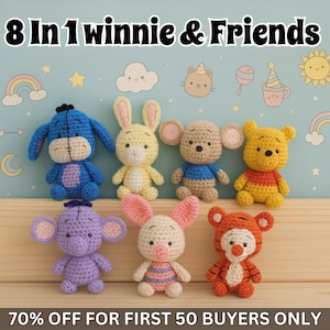 May include: Seven small crocheted stuffed animals arranged in two rows. The top row features a blue donkey, a yellow rabbit, a tan mouse, and a yellow bear. The bottom row includes a purple elephant, a pink piglet, and an orange tiger.