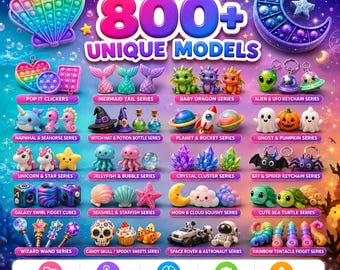 Może przedstawiać: Kolekcja ponad 800 unikalnych modeli zabawek typu fidget na tle rozgwieżdżonego nieba. Obraz przedstawia różne serie, w tym syrenie ogony, smoczątka, kosmitów, narwale, duszki, kryształy, żółwie morskie oraz łaziki kosmiczne w żywych kolorach.