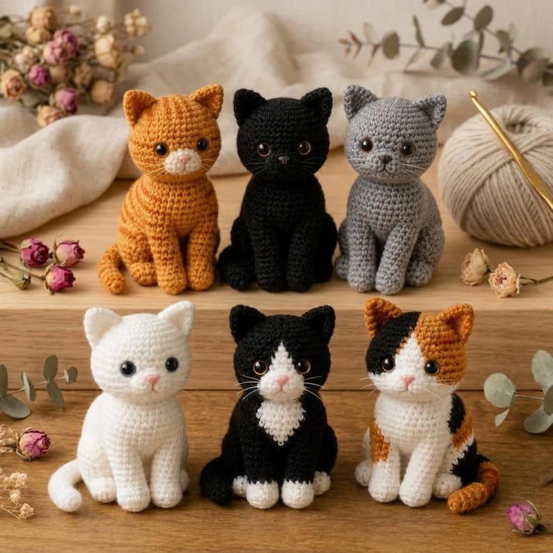 Op de afbeelding: Zes kleine gehaakte kattenfiguurtjes in verschillende kleuren en patronen, waaronder effen oranje, zwart, grijs, wit, een zwart-witte tuxedo-kat en een lapjeskat, allemaal met donkere ogen en geborduurde neuzen op een houten ondergrond.