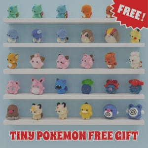 May include: A collection of thirty small, crocheted figures arranged on five white shelves. The figures represent various creatures in diverse colors including blue, pink, yellow, brown, and orange. A red starburst graphic in the corner says FREE!.