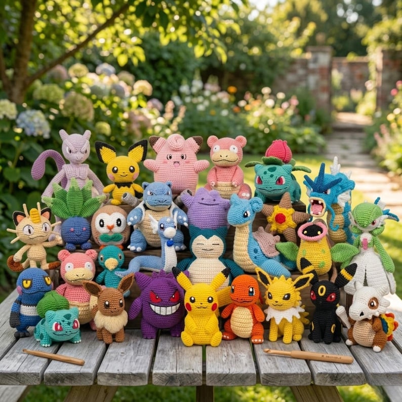 May include: A collection of various crocheted stuffed creatures in diverse colors and shapes, including yellow, pink, blue, and purple figures, arranged on a wooden surface with two wooden crochet hooks placed at the front of the display.