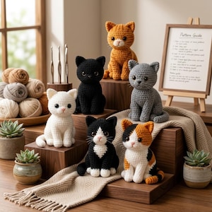 Op de afbeelding: Zes gehaakte kattenbeeldjes in verschillende kleuren, waaronder wit, zwart, oranje, grijs, zwart-wit en lapjeskat. De katten staan op houten blokken naast bollen wol, haaknaalden en twee kleine vetplantjes in potjes.