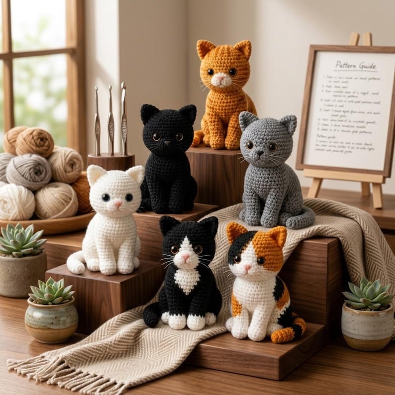 Op de afbeelding: Zes gehaakte kattenbeeldjes in verschillende kleuren, waaronder wit, zwart, oranje, grijs, zwart-wit en lapjeskat. De katten staan op houten blokken naast bollen wol, haaknaalden en twee kleine vetplantjes in potjes.