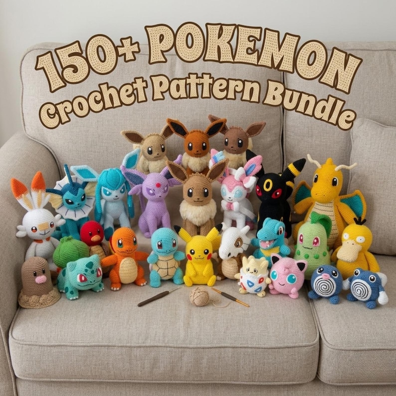 150+ Pokemon Crochet PDF - Pikachu, Charmander, Squirtle & Bulbasaur + More - Instant Digital Download image 1