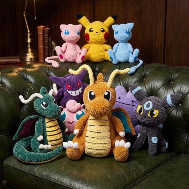 May include: A collection of ten crocheted plush toys featuring various colorful creatures. The group includes a yellow Pikachu, a pink Mew, a light blue Mew, a purple Gengar, a pink Jigglypuff, a green dragon, a tan Dragonite, a purple Ditto, and a dark gray Umbreon.