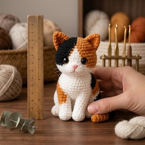 Op de afbeelding: Een gehaakt lapjeskat-figuurtje van zwart, oranje en wit garen, met grote donkere ogen en een roze neus. Een houten liniaal staat verticaal naast de kat en toont een hoogte van ongeveer 13 cm voor dit handgemaakte speelgoed.