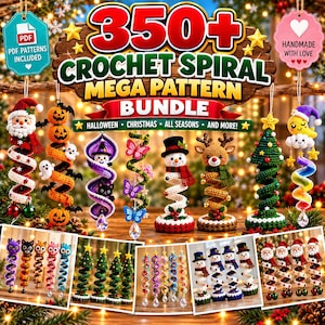 May include: A digital graphic featuring the text 350+ CROCHET SPIRAL MEGA PATTERN BUNDLE, showcasing various crocheted spiral ornaments including Santa, pumpkins, ghosts, witches, butterflies, snowmen, reindeer, trees, and moons.