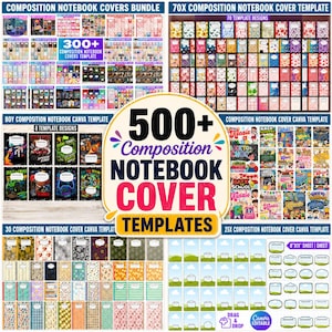 May include: A digital bundle of 500+ composition notebook cover templates featuring diverse graphic designs, patterns, and themes. The collection includes various layouts, school-themed illustrations, and customisable labels for 8x11 inch sheets.