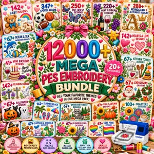 Könnte beinhalten: Eine digitale Stickmuster-Sammlung mit dem Titel 12000+ Mega PES Embroidery Bundle, die zahlreiche thematische Quadrate mit Motiven wie Babys, Sport, Schmetterlingen, Wein, Alphabet, Herzen, Ozean, Küche und Feiertagen enthält.