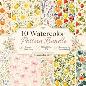 Könnte beinhalten: Eine digitale Sammlung von 10 Aquarellmustern mit Orangen, Zitronen, Lavendel, gemischten Früchten, Erdbeeren, Wildblumen, rosa Schleifen, Muscheln, Oliven und tropischen Hibiskusblüten mit dem Text 10 Watercolor Pattern Bundle.