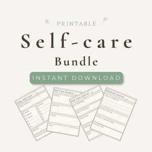 May include: A printable self-care bundle featuring four distinct document templates with dark text on a light background. The pages include sections for Daily Self-Care, Self-Care Routine, Self-Care Journal, and Gratitude Journal with lines and checkboxes.