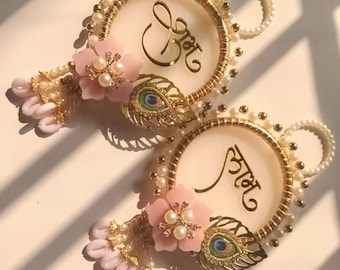 Handmade Resin Labh Shubh Door Hanging | Luxury Pearl & Peacock Feather Decor | Indian Festival Entrance Decor | Housewarming Gift