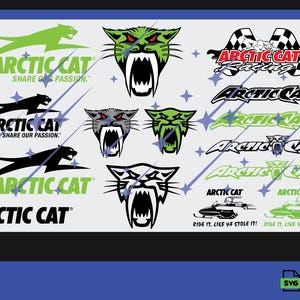 May include: A digital graphic sheet featuring various Arctic Cat logos, including leaping cat silhouettes, snarling cat head icons in green, grey, and black, and text elements like Arctic Cat Racing and the phrase Ride it, like ya stole it.