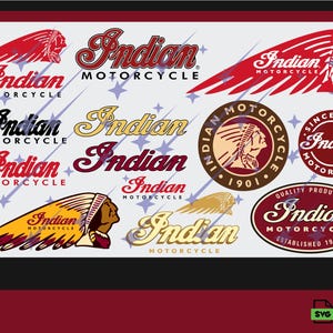 May include: A collection of Indian Motorcycle logos and emblems in various colours including red, black, gold, and maroon. The designs feature the brand name in script, the iconic headdress profile, and circular badges with the text Since 1901.